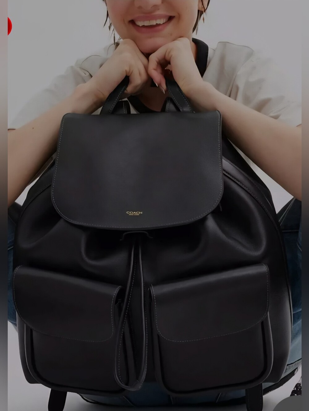 Coach Black Leather Backpack with Dual Front Flap Pockets